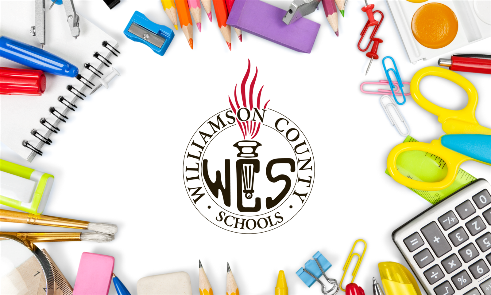 WCS logo surrounded by school supplies